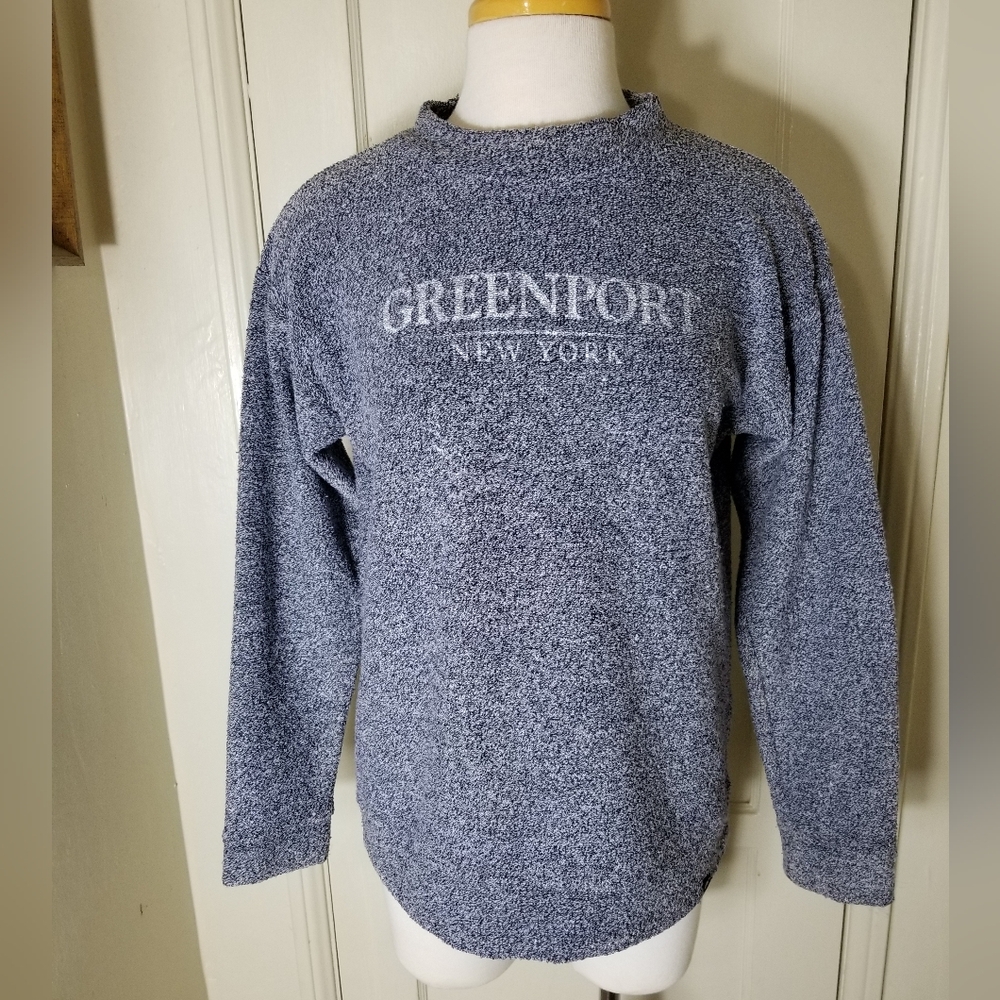 TECHSTYLES gray heathered fuzzy long sleeve sweater top GREENPORT NEW YORK logo